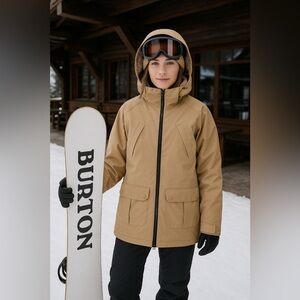 Women’s Burton Prowess Snowboard Jacket L Tan Khaki Sherpa Waterproof Storm Hood
